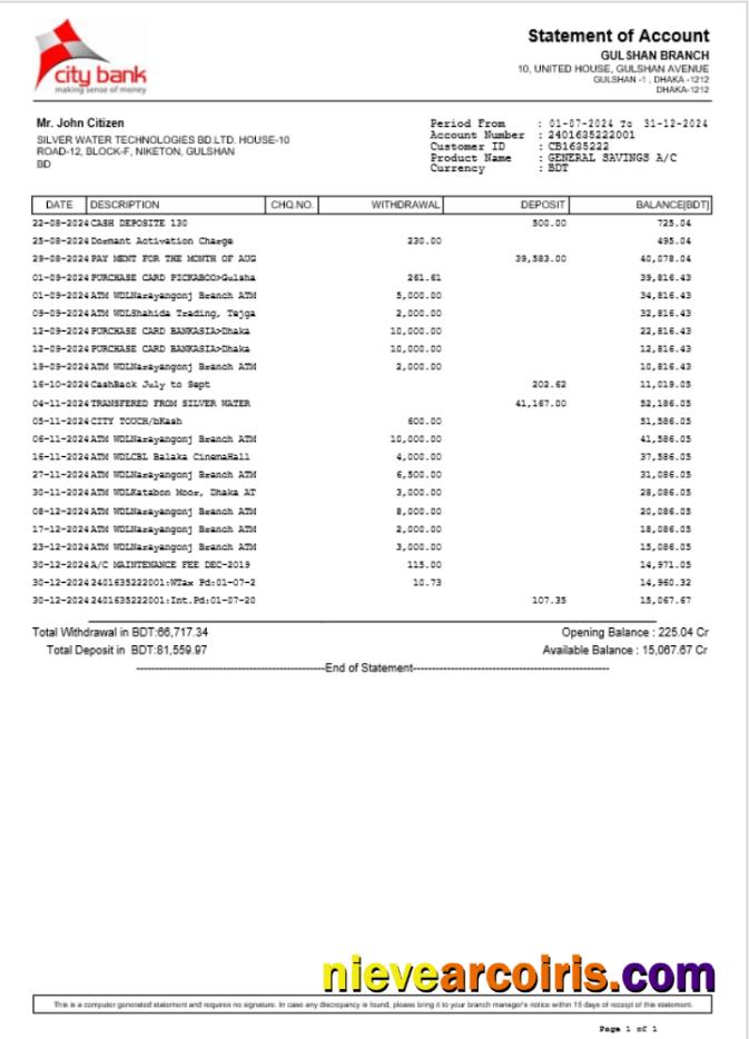 Bangladesh City Bank statement Word and PDF example